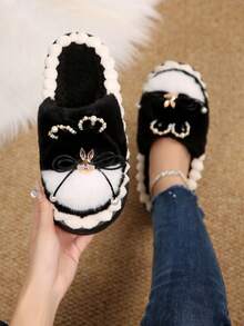 Pantuflas con plataforma de orejas de conejo de peluche y perlas falsas, elegantes y cálidas para el invierno, pantuflas adorables para interiores/exteriores para niñas