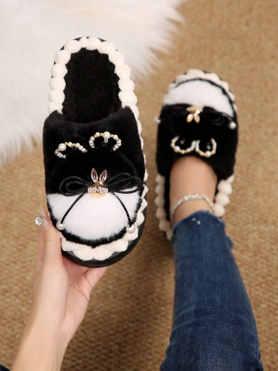 Pantuflas con plataforma de orejas de conejo de peluche y perlas falsas, elegantes y cálidas para el invierno, pantuflas adorables para interiores/exteriores para niñas