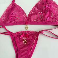 Sexy Backless Set With Pendant Detail And Thong - 玫紅色 - 查看 4