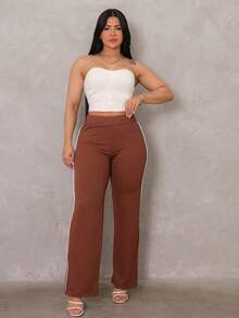 Women's Ribbed Pants With Side Detail, White Cotton And Elastane, Comfortable Casual, Women's Fashion - 鏽棕色 - 查看 5