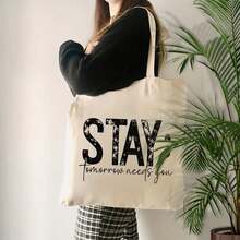 STAY Tomorrow Needs You Inspirational Tote Bag - Bold STAY Lettering In Purple/Red/Beige, Leakproof & Durable Polyester Shoulder Bag, Lightweight Reusable Grocery Bag Women, Everyday Commute, Travel, Shopping - Motivational Mental Awareness