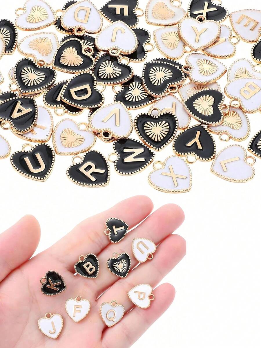 26pcs Heart-Shaped Letter Pendants, A-Z Round Double-Sided Enamel Letter Charms, Suitable For DIY Personalized Jewelry Making - Heart-shaped Letters - View 1