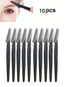 10件套黑色不锈钢眉刀，带防护网，适用于面部和身体毛发修剪，非常适合初学者，防止剃刀灼伤。可用于化妆、家居装饰、梳妆台、旅行、卧室等场合。也可用于化妆配件、眉刀、圣诞礼物等。