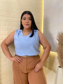 RAINBOW Plain Tank Top Sleeveless Blouse Plain Creppinho With 4 Buttons Plus Size G1G2G3 46-52 Casual Women - 62-AZUL - 查看 3