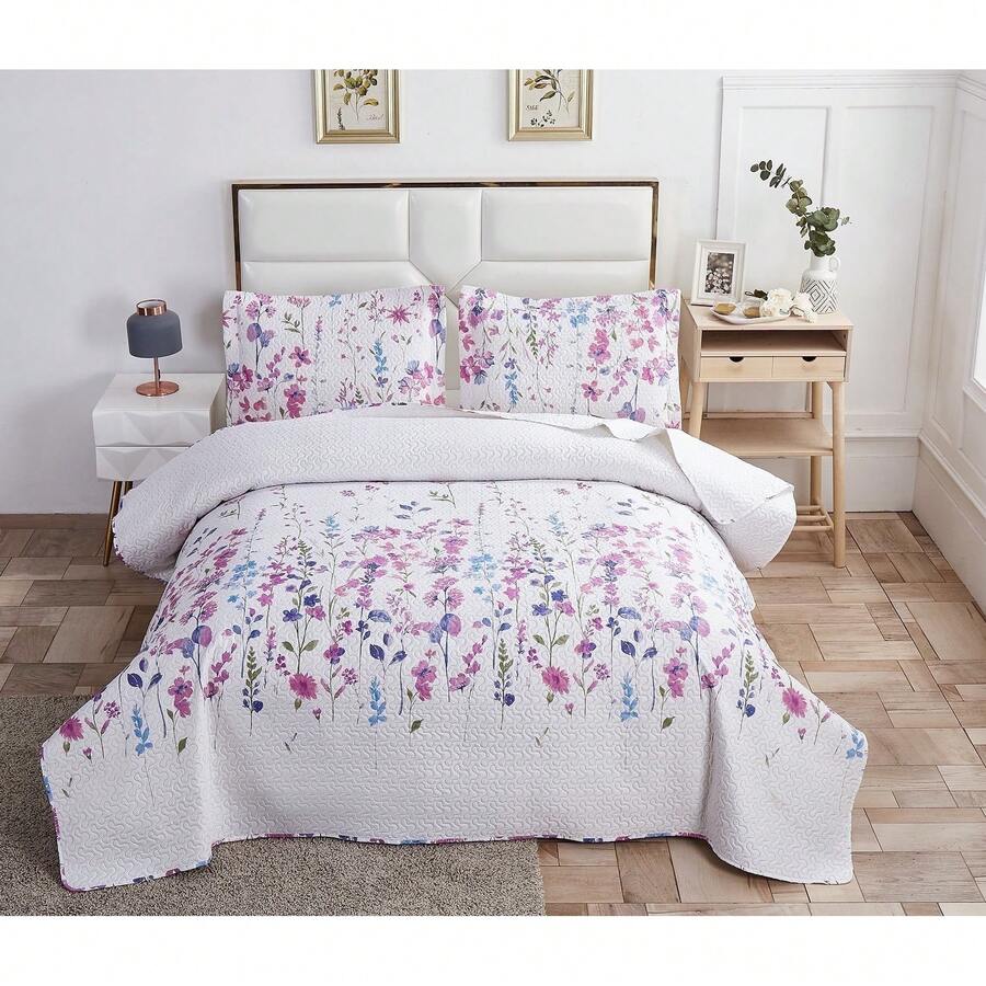 Twin/Full/Queen/King Quilt Set, 3 Piece Floral Bedding Set Microfiber Bedspread Coverlets For Beds - Purple Bouquet Flower - View 1