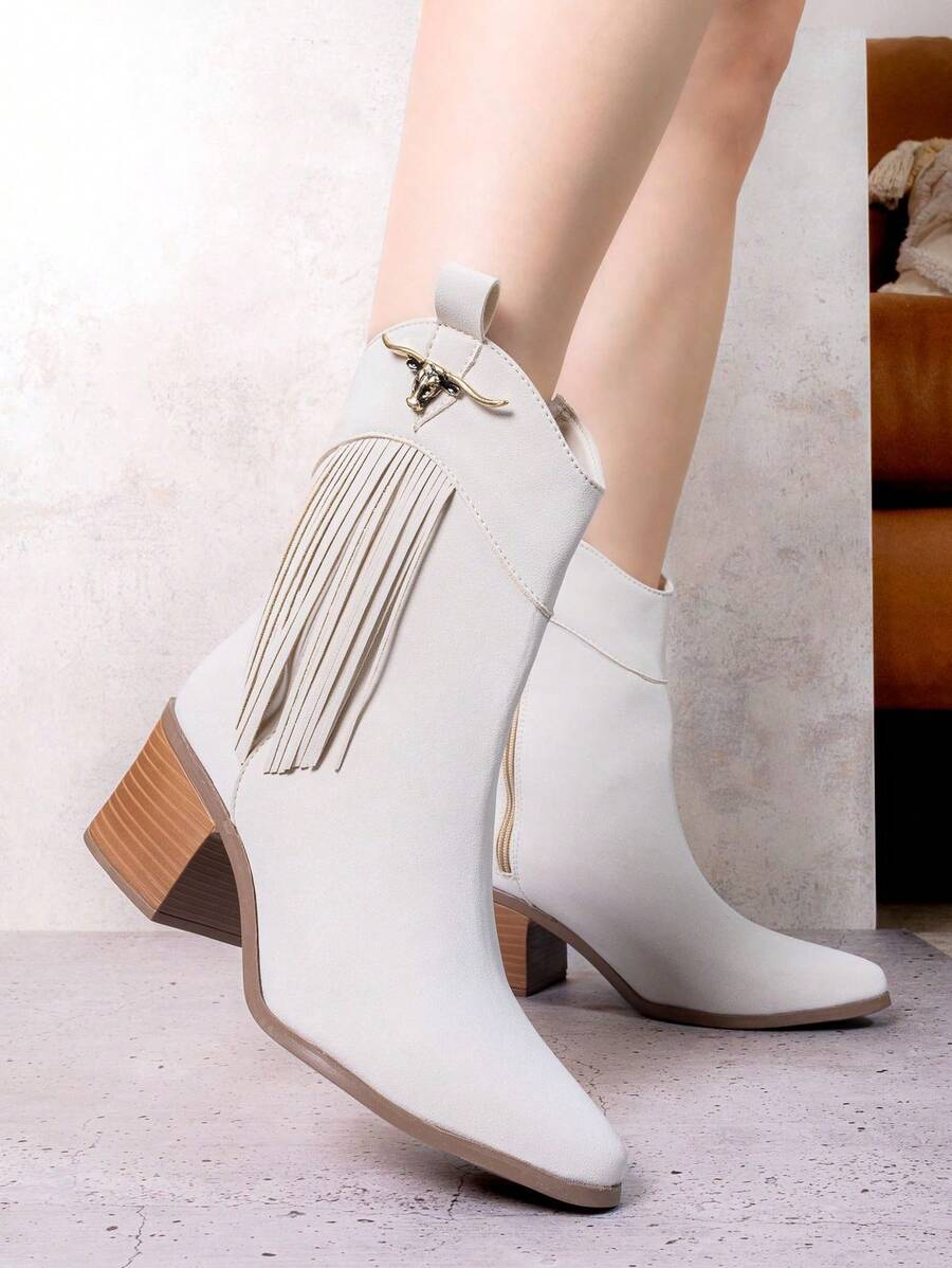 Botas de Estilo Western Negras con Flecos y Adorno de Toro Sexy Cremallera lateral western Vacaciones invierno - Gris Claro - Ver 1