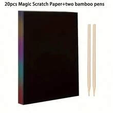 20pcs Scratch Paper+2 Bamboo Pens ,Scratch Rainbow Art Paper Scratch Painting Kit With 2 Bamboo Stick Birthday Party Holiday GiftGift,Amazing Gift