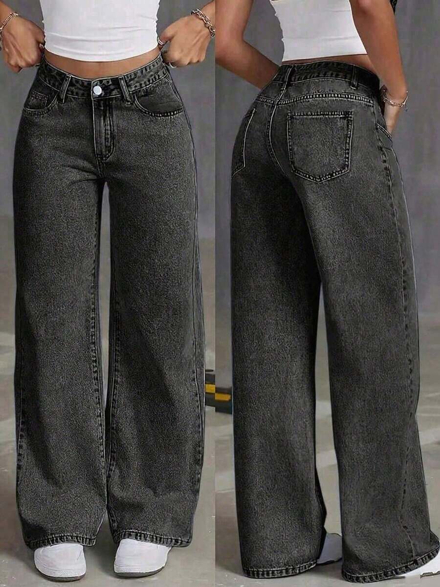 Teen Girl Pocketed Fashionable Versatile Black Wide-Leg Jeans - Black - View 1