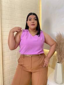 RAINBOW Plain Tank Top Sleeveless Blouse Plain Creppinho With 4 Buttons Plus Size G1G2G3 46-52 Casual Women - 62-LILAIS - 查看 1