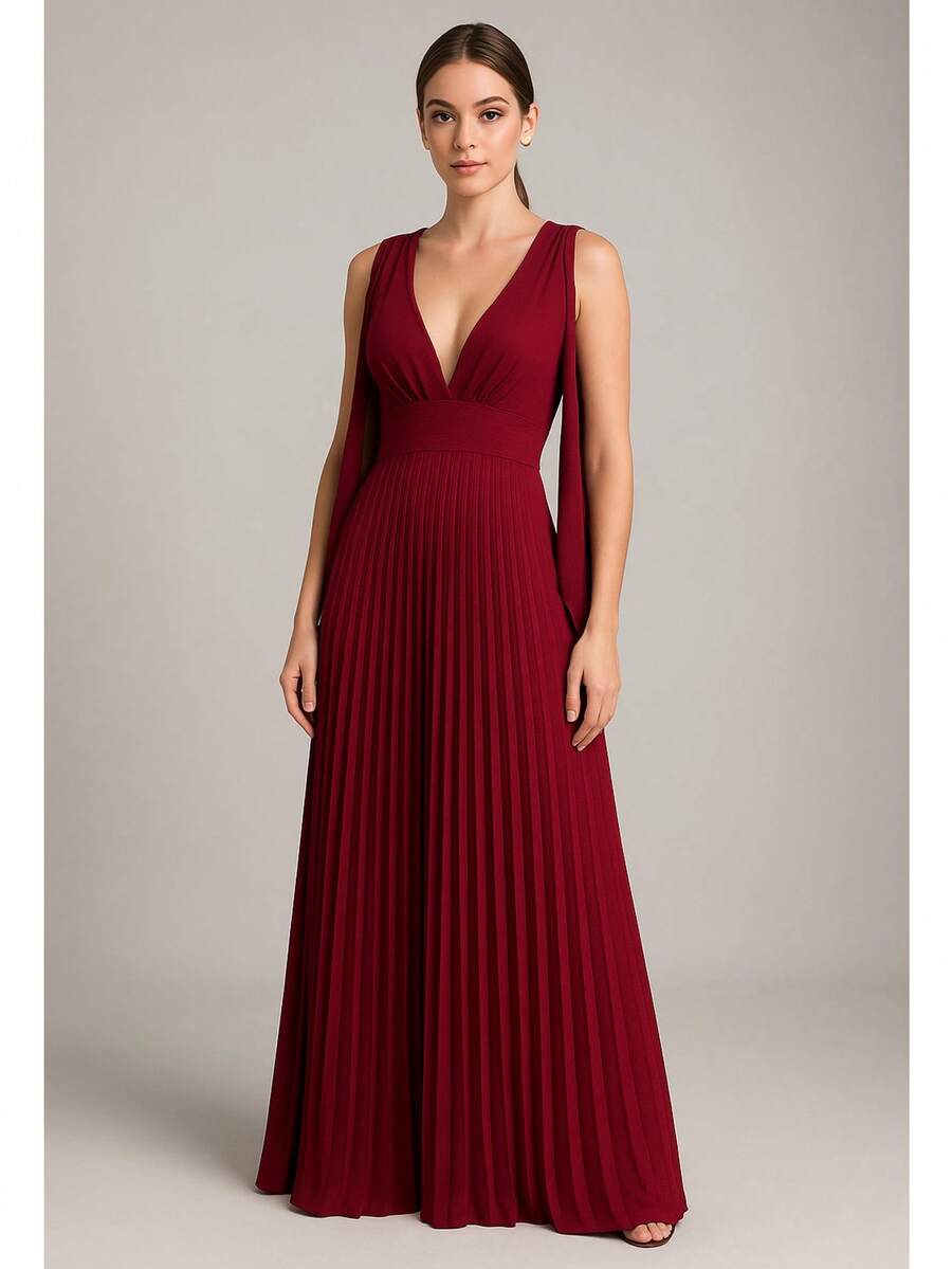 Long Pleated Dress V-Neckline Bridesmaid Dress For Wedding Graduation And Parties - Redwood - View 1