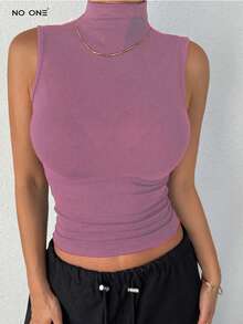 Women High Neck Bodycon Sleeveless Wrap Camisole Preppy Tops - Rosa - Ver 5