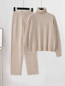 2 piezas Conjunto de suéter de unicolor para mujer, para uso diario, otoño/invierno