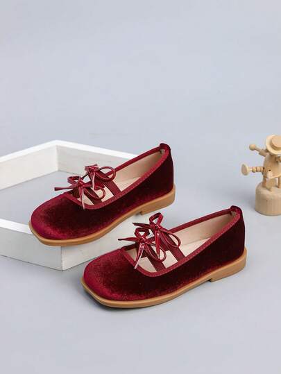 Girl's Velvet Bow Slip-On Flats, Suitable For Autumn/Winter