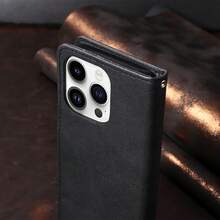 Magnetic Flip Cover PU Leather Wallet Phone Case With 3 Card Slots, Photo Frame And Cash Pocket, Suitable For IPhone 17 16 15 14 13 12 11 Pro Pro Max Plus Mini XR XS X XS MAX, Solid Color With Wrist Strap