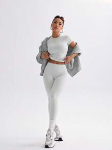 FWH 1. Cute Solid Color Crop Top, Stretchy Fitted Round Neck Sweet Fashionable Versatile Jacket, Elegant High Waist Slim Casual Tummy Control Daily Basic Dancewear Leg Lengthening Butt Lifting Street Running Yoga 2-Piece Set, Spring/Summer - Xám - Xem 6