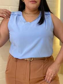 RAINBOW Plain Tank Top Sleeveless Blouse Plain Creppinho With 4 Buttons Plus Size G1G2G3 46-52 Casual Women - 62-AZUL - 查看 5