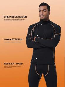 Men's Winter Fitness Clothing, Thermal Thermal Lined Compression Long Sleeve Workout Top, Quick Dry - Black - View 7