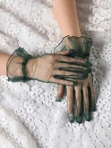 1 双女士纯色薄纱长手套，晚礼服装饰派对手套，新娘手套，婚礼手套，秋季配饰