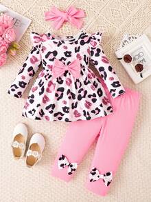 Baby Girls' Fashionable Casual Cute Leopard Print Bow Decor Round Neck Flare Sleeve Long Sleeve Top And Pink Pants With Headband Set, Spring/Autumn - Multicolor - View 1