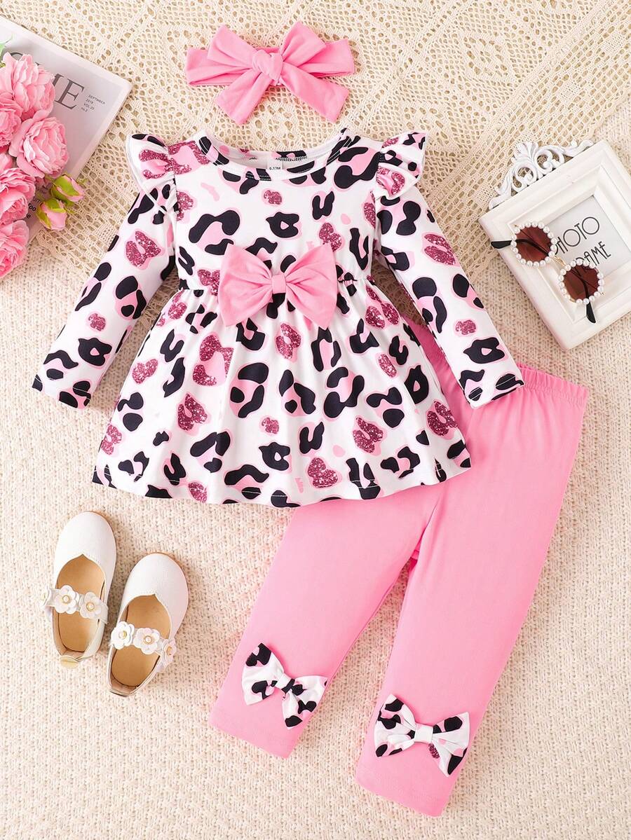 Baby Girls' Fashionable Casual Cute Leopard Print Bow Decor Round Neck Flare Sleeve Long Sleeve Top And Pink Pants With Headband Set, Spring/Autumn - Multicolor - View 1