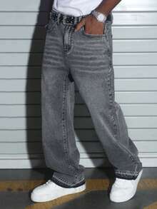 男士休闲街头水洗斜插口袋阔腿牛仔裤 - 灰色 - 查看 7