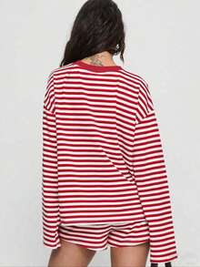 Women's 2 Piece Striped Lounge Set - Long Sleeve Crew Neck Oversized Top  Shorts  Fall Casual Streetwear Loungewear - 紅色 - 查看 2