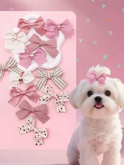 Conjunto de 4/8 peças de presilhas de cabelo com laço para animais de estimação, acessórios para pelos de cachorro, presilhas de cabelo para gatos, decoração de pelos de gato com laço fofo para buldogue francês, decoração de Natal (cores aleatórias)