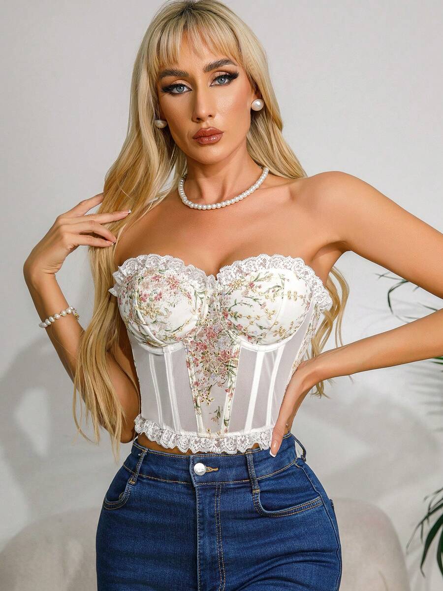 White Strapless Underwire Boned Crop Top - Women's Ditsy Floral Lace Trim Everyday Slimming - trắng - Xem 1