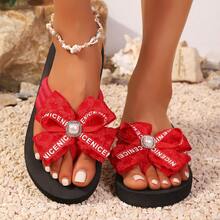 Sandalias de verano con lazo de encaje de moda, con decoración de punta abierta, elementos glamorosos de perlas, regalo perfecto para mujeres y niñas