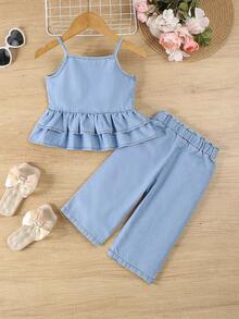 Bộ trang phục mùa hè cho bé gái - Áo denim nhún bèo không tay kết hợp với quần short denim giặt thường ngày viền ren, thích hợp cho du lịch mùa hè, đi biển hoặc mặc hàng ngày - Rửa nhẹ - Xem 2