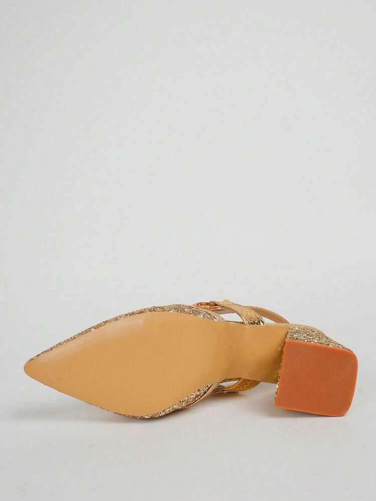 New Pointed Toe Gold Sequins High Chunky Heel Women Shoes | SHEIN USA