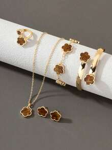 1 Set Women Jewelry: 1pc Lucky Four-Leaf Clover Pendant Necklace, 1pc Bracelet, 1 Pair Earrings, 1pc Ring, 1pc Bangle - 棕色 - 查看 6