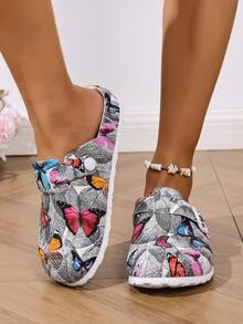 Nuove pantofole da donna con punta chiusa, elegante stampa farfalla nera e grigia, tacco a zeppa con suola morbida, confortevoli per uso quotidiano, esterno, viaggio, giardino, spiaggia, design con doppia fibbia - Grigio - Visualizzare 5