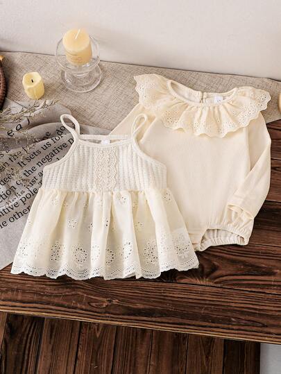 2pcs Baby Girls Long Sleeve T-Shirt Bodysuit + Vest Camisole Top Set, Comfortable Loose Fit, Chic Hollow Lace Design, Suitable For Vacation, Park Play, Party, Daily Wear, Cute Casual Outfit, Spring/Autumn