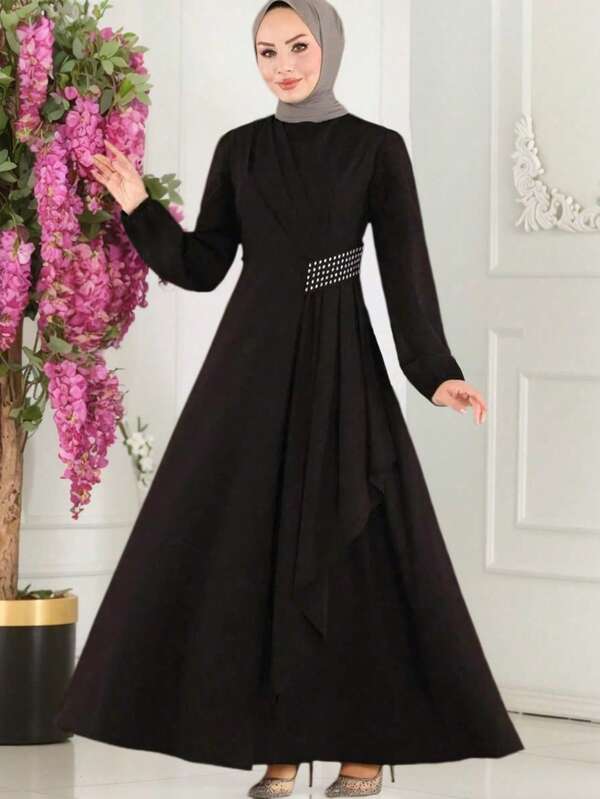 Vestido feminino liso com babados, cintura marcada e design de miçangas, robe árabe longo