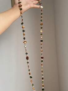 1pc Vintage Necklace, Bohemian Style Colorful Shell Beaded Double Layer Necklace, Retro Luxurious Holiday Long Necklace, Stackable, Assorted Gemstone And Pearl Colors And Shapes - Multicolor - View 3