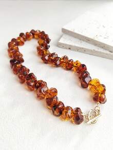 1pc Fashionable Minimalist Luxury Niche Design Amber Color Acrylic Beaded Choker Necklace, Suitable For Daily, Date, Vacation, Commute Wear