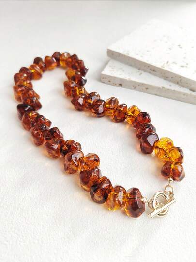 1pc Fashionable Minimalist Luxury Niche Design Amber Color Acrylic Beaded Choker Necklace, Suitable For Daily, Date, Vacation, Commute Wear