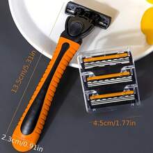 Men's Manual Safety Razor, Triple Layer Stainless Steel Blades, Replaceable Shaving Head - Orange - View 5