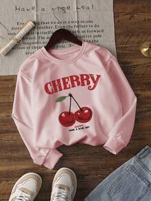 1 件女童休闲樱桃印花圆领运动衫，秋冬厚长袖学生套头衫 - 粉色 - 查看 5