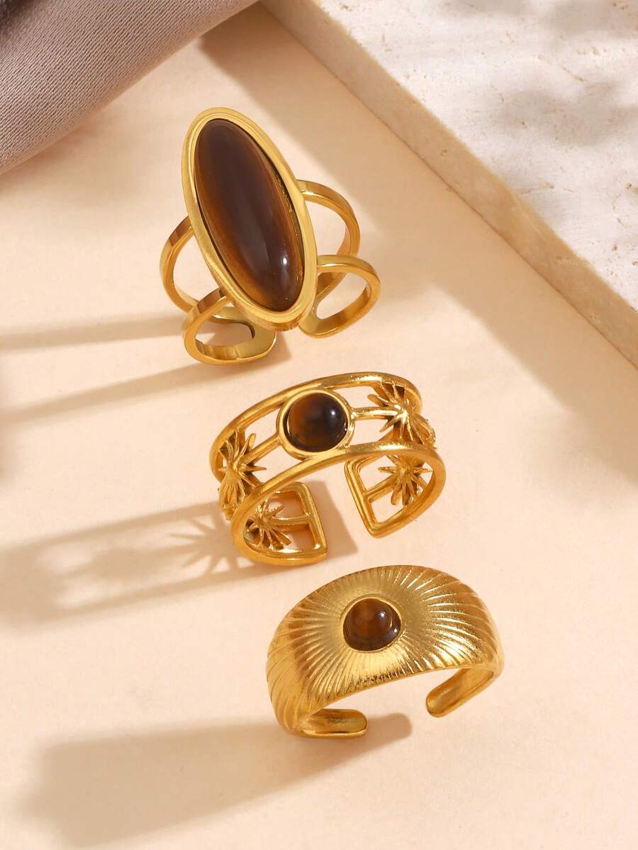 1/3pcs Stainless Steel 18K Gold Plated Minimalist Geometric Tiger Eye Stone Rings, Suitable For Women's Daily And Party Wear
