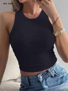 Top corto halter femenino cuello redondo textura acanalada ajuste elástico sin mangas juvenil fresco - Negro - Ver 2