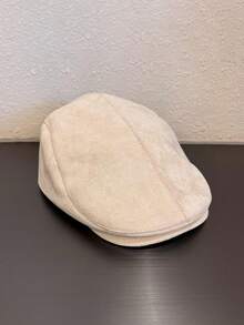 1顶麂皮贝雷帽，男士纯色麂皮宽檐可调节日式简约休闲帽檐贝雷帽，适合度假旅行