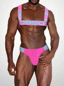 Fashion Men Sexy Shoulder Straps Chest Bondage Elastic Band Harness Muscle Halter Belt Men Bodysuite Clubwear Club Party Costume And Men's Bikini - 玫紅色 - 查看 6