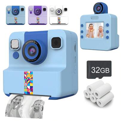 1pc Kids Camera Instant Print, Print Paper, 2.4" Screen Instant Camera For Kids Ages 6-12,1080P, 180°Flip Lens,32GB Card- Christmas Birthday Present For Boys & Girls
