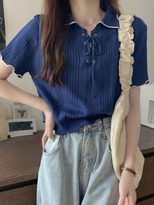 女式修身撞色短袖针织上衣，夏季 - 藍色 - 查看 6