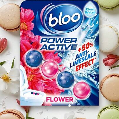 Bloo Power Active Toilet Rim Block Fresh Flowers, With Anti-Limescale, Cleaning Foam, Dirt Protection And Extra Freshness - Pack Of 3 Rimblocks