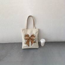 1pc Gingerbread Coquette Tote Bag - Festive Gingerbread Bow Pattern Light Beige Canvas Shoulder Bag Women, Reusable Foldable Shopping Bag Travel, Beach, Daily Commute - Her - 樣式1 - 查看 6