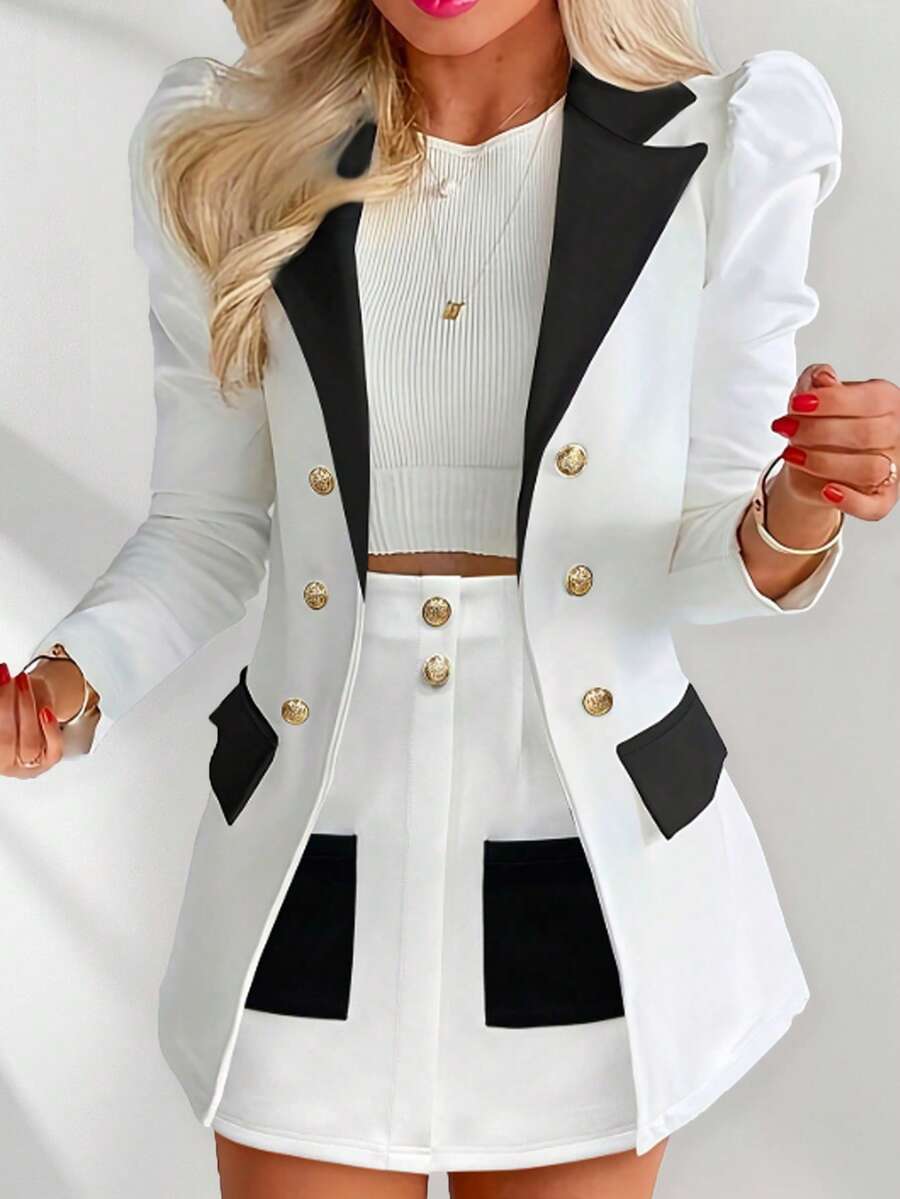 Contrast Color Block Double-Breasted Blazer And Mini Skirt Set, Spring/Summer - White - View 1