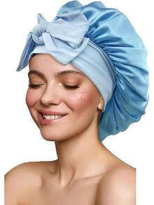 gorro de ducha Gorro de Pelo Rizado de Satén,Gorro de Dormir de Seda Ajustable,Gorro de Pelo de Doble Capa con Banda Elástica,Gorro de Noche para Cabello Rizado,para Dormir,Ducha y Belleza,Verde - Azul cielo - Ver 1